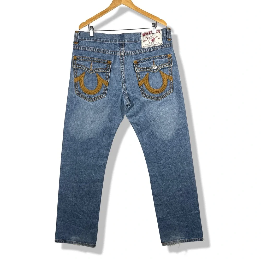 True‎ Religion Joey Super T Mens 38 Blue Denim Jeans Y2K Thick Stitch Flare